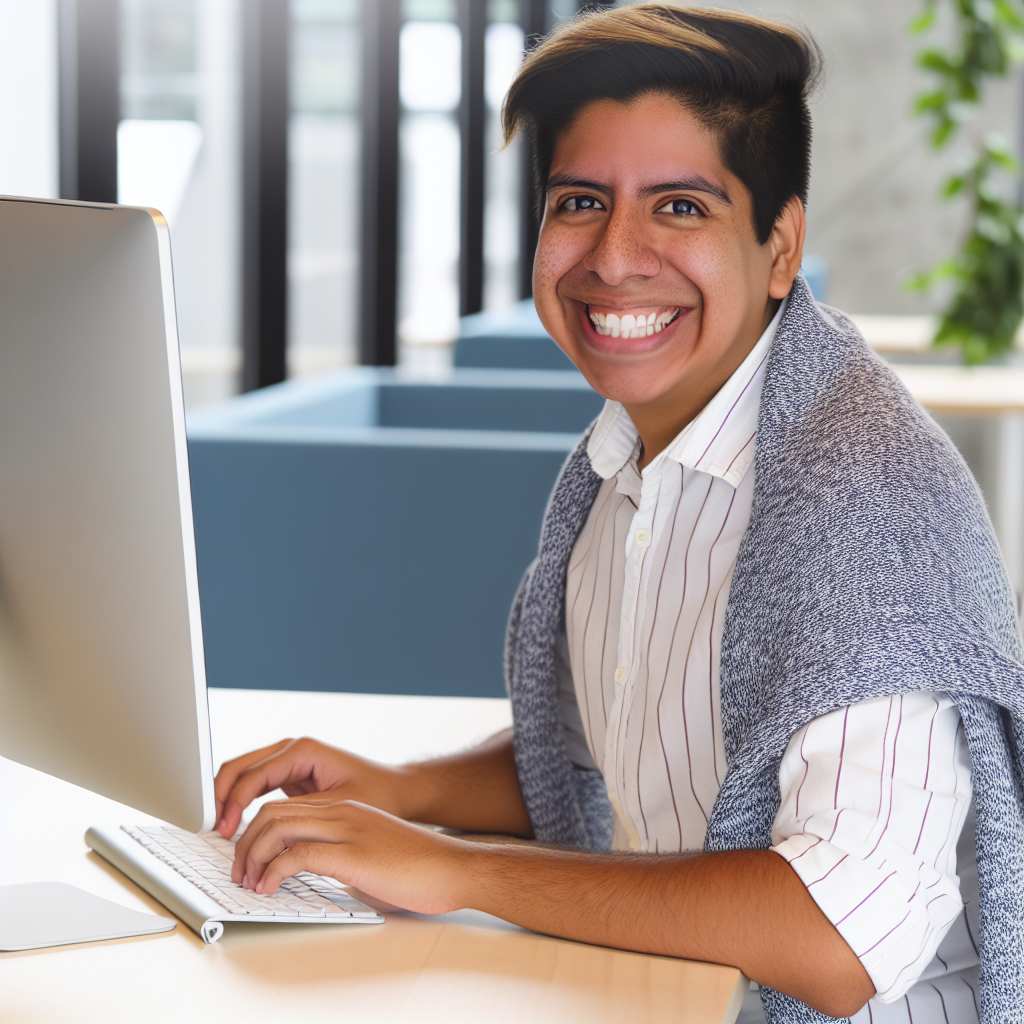 Una persona sonriente trabajando en su computadora